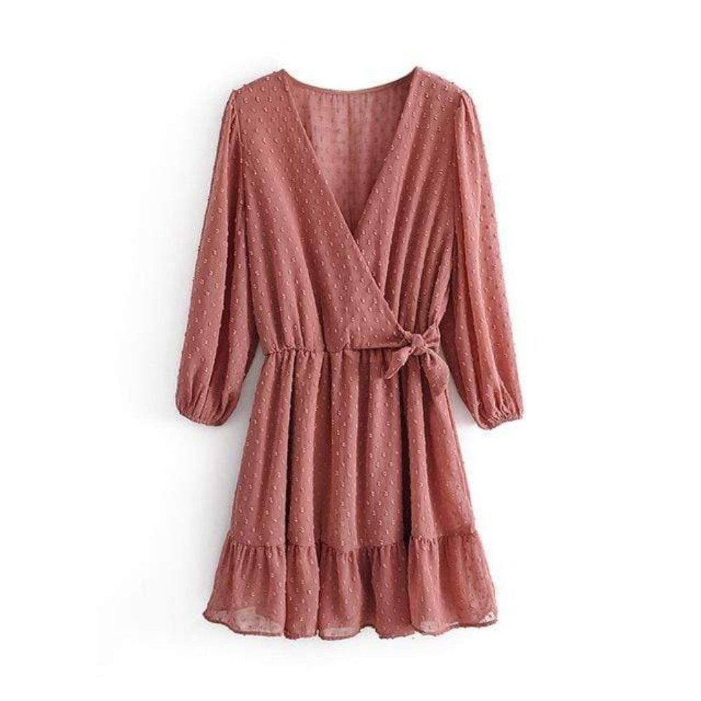 2020 Spring Sweet Women Pink Mini Dress Three Quarter Puff Sleeve V Neck Ruffles
